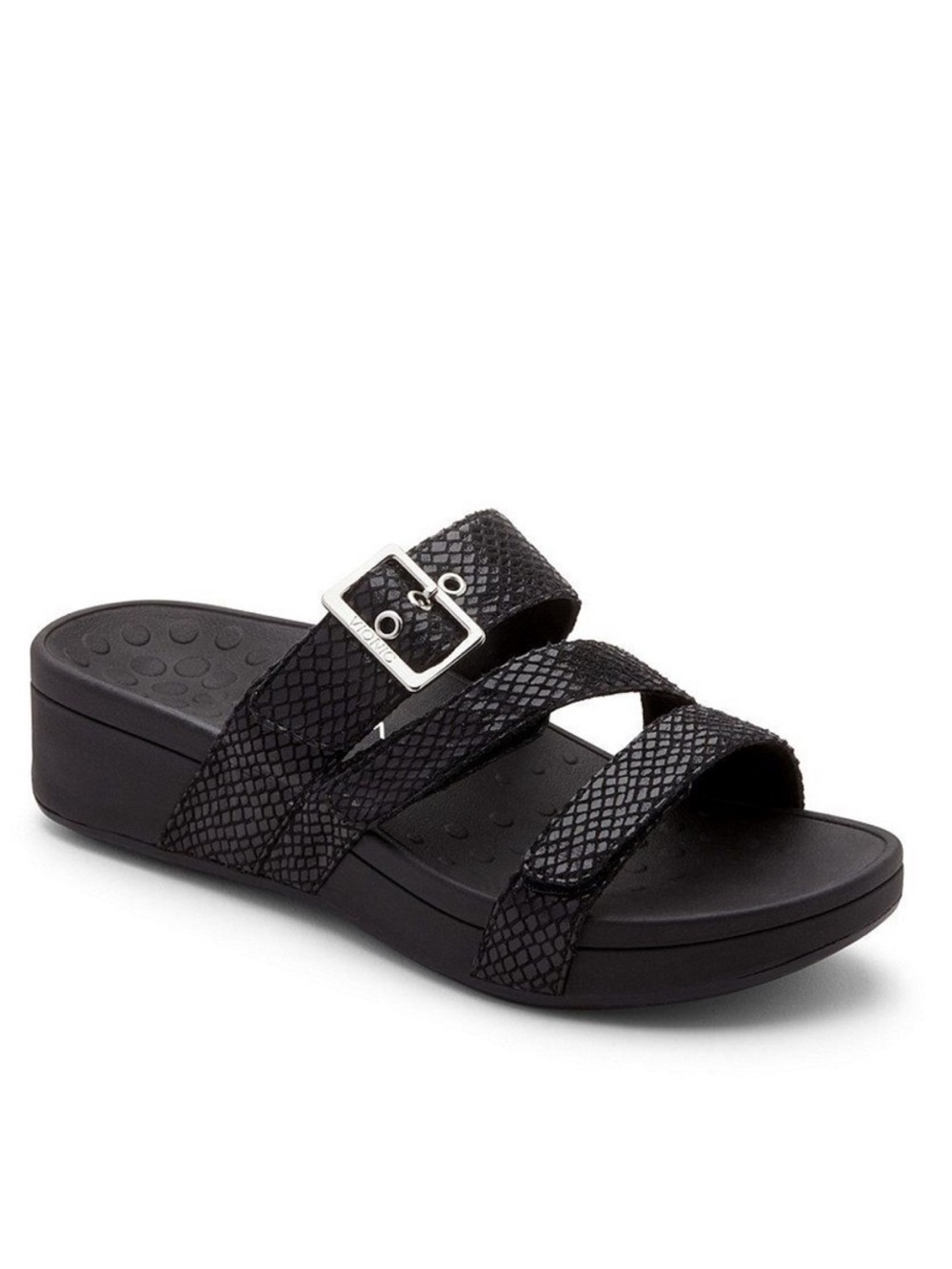 Vionic Rio Wedge Platform Black Reptile Embossed Sandals Buckles Womens Size 9